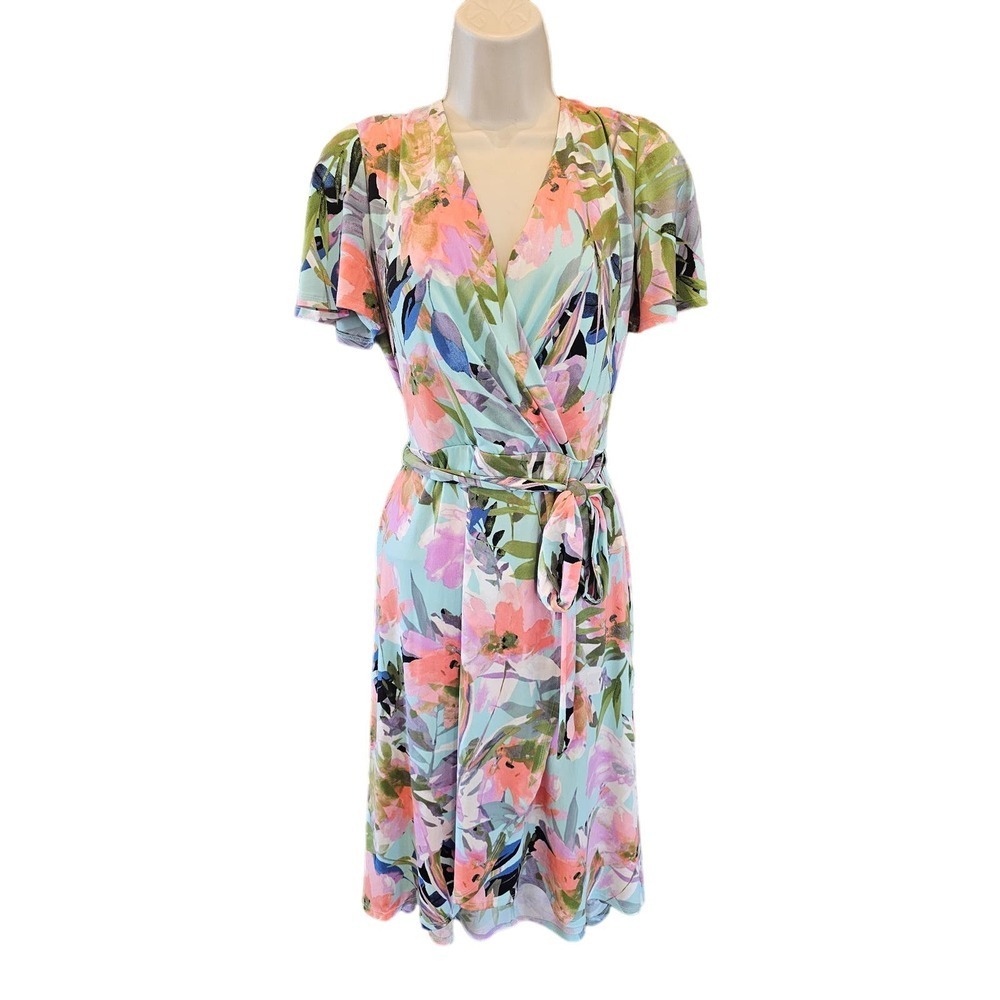 London Style collection faux wrap dress floral colorful tie waist sz 4 EUC ^